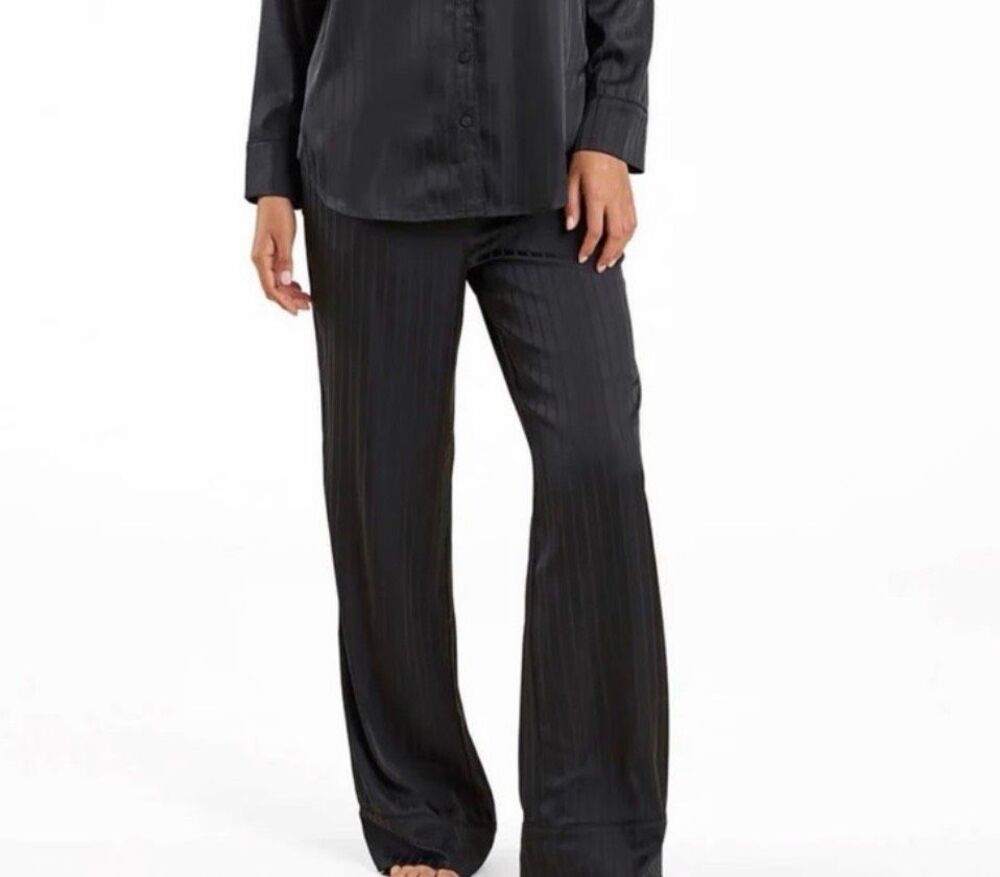 Nuuds Jacquard Striped Satin Pajama Pants lounge women's black L NEW